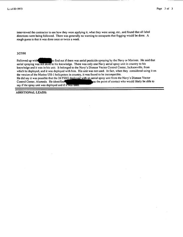 Lead Sheet #5973, Interview with Marine 1st Medical Battalion entomologist, September 3, 1998, p. 1.
