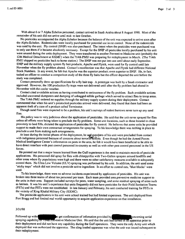   Lead Sheet #6001, Interview with 714th Preventive Medicine unit entomologist, September 11, 1997, p. 2.