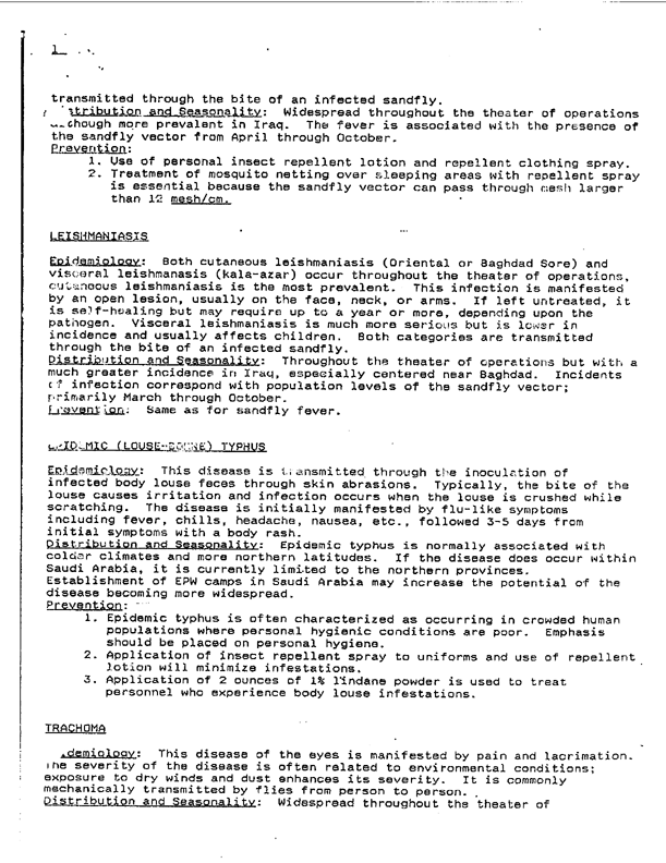   Memorandum from 14th Preventive Medicine Detachment Commander for 332nd Medical Brigade Commanding General, Subject: �Synopsis of Major Diseases in Theater of Operation,� February 13, 1991.