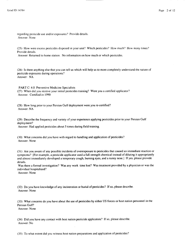   Lead Sheet #14384, Interview with 307th Medical Battalion preventive medicine specialist, February 9, 1998.