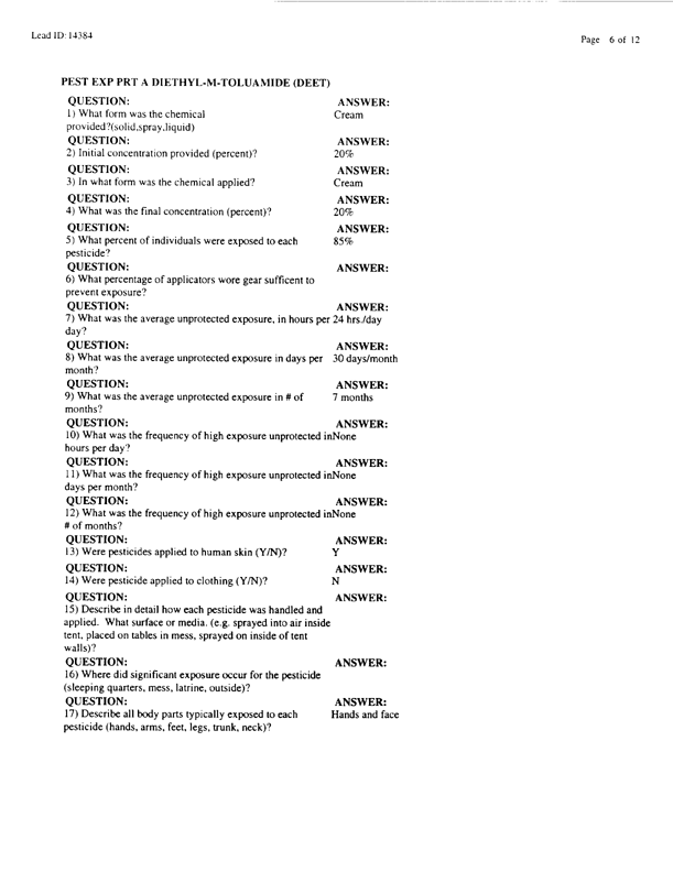   Lead Sheet #14384, Interview with 307th Medical Battalion preventive medicine specialist, February 9, 1998.