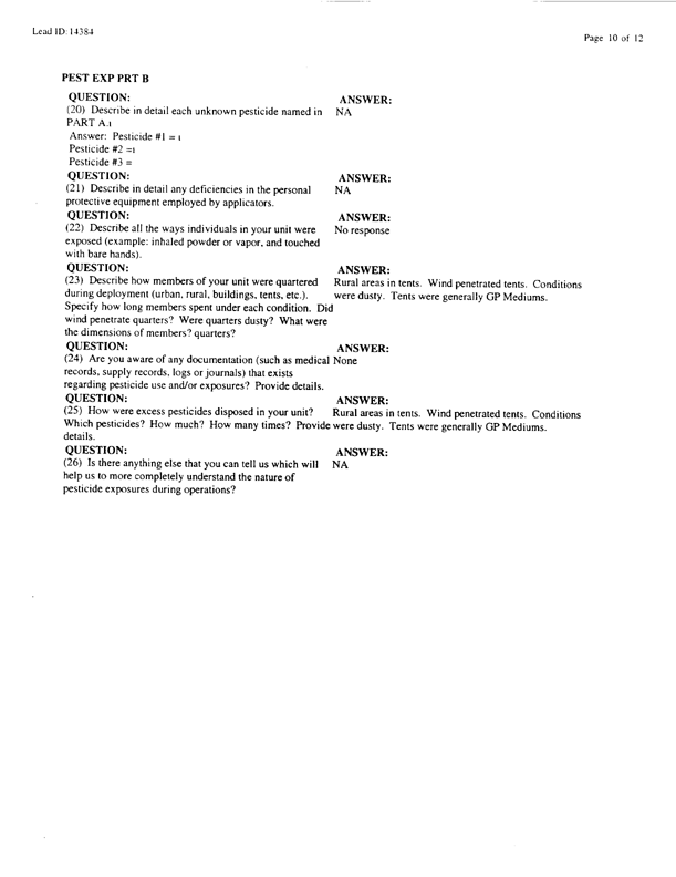   Lead Sheet #14384, Interview with 307th Medical Battalion preventive medicine specialist, February 9, 1998.