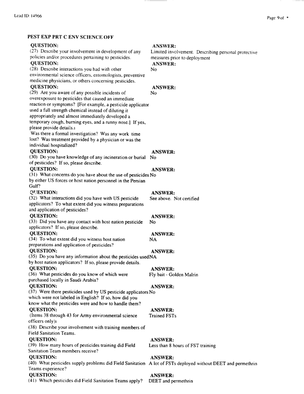   Lead Sheet #14966, Interview with 24th Mech. Infantry Division environmental science officer, February 10, 1998.