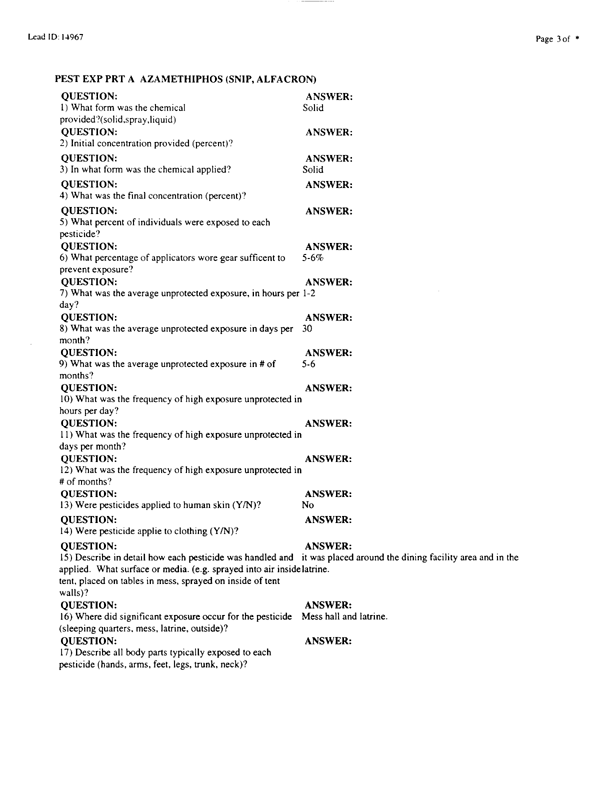   Lead Sheet #14967, Interview with 71st Medical Detachment preventive medicine specialist, February 10, 1998.