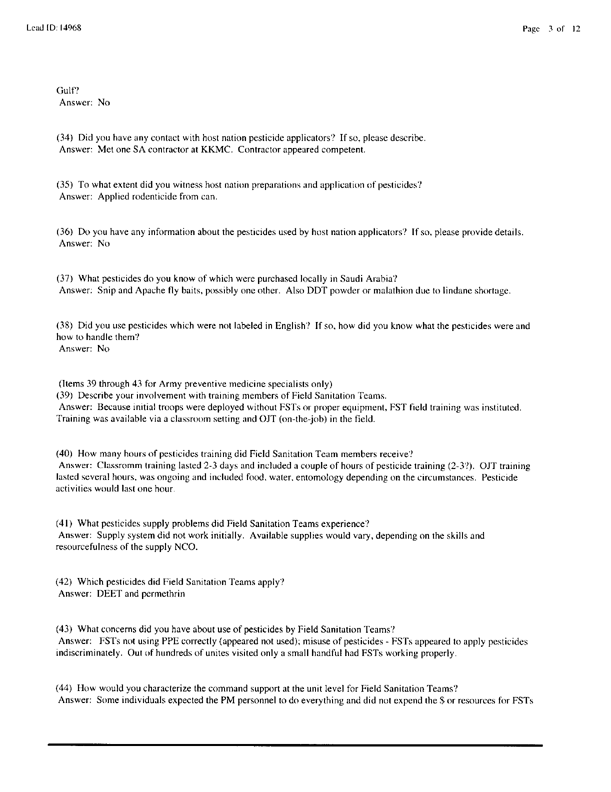   Lead Sheet #14968, Interview with 714th Medical Detachment preventive medicine specialist, March 10, 1998.