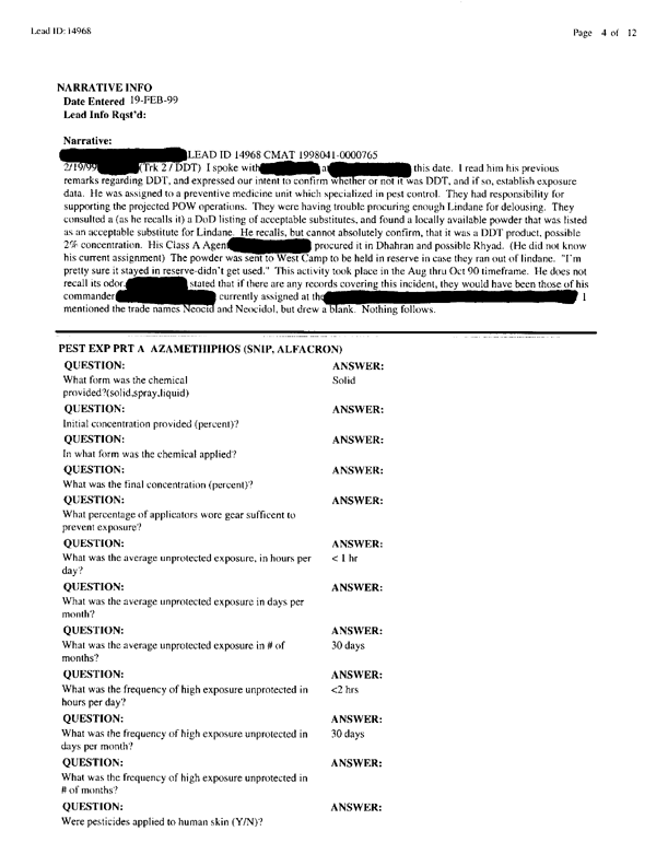   Lead Sheet #14968, Interview with 714th Medical Detachment preventive medicine specialist, March 10, 1998.