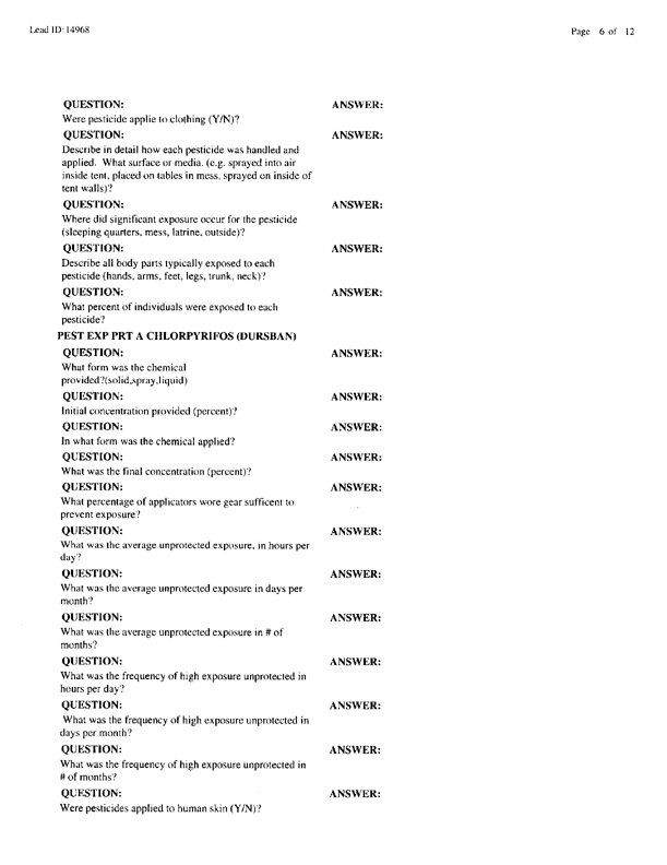   Lead Sheet #14968, Interview with 714th Medical Detachment preventive medicine specialist, March 10, 1998.