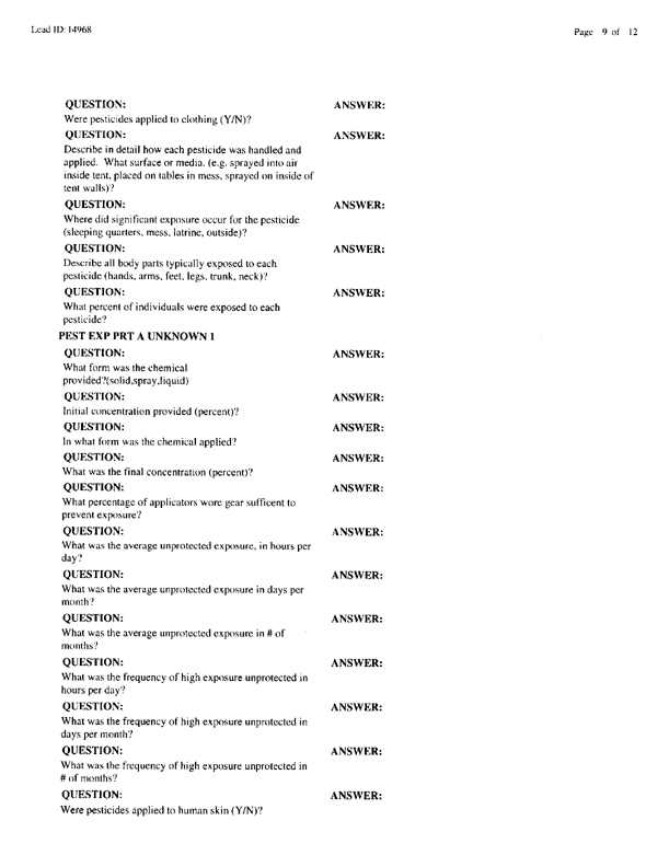   Lead Sheet #14968, Interview with 714th Medical Detachment preventive medicine specialist, March 10, 1998.