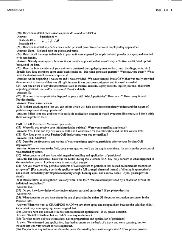 Lead Sheet #15002, Interview with 307th Medical Battalion preventive medicine specialist, March 11, 1998.