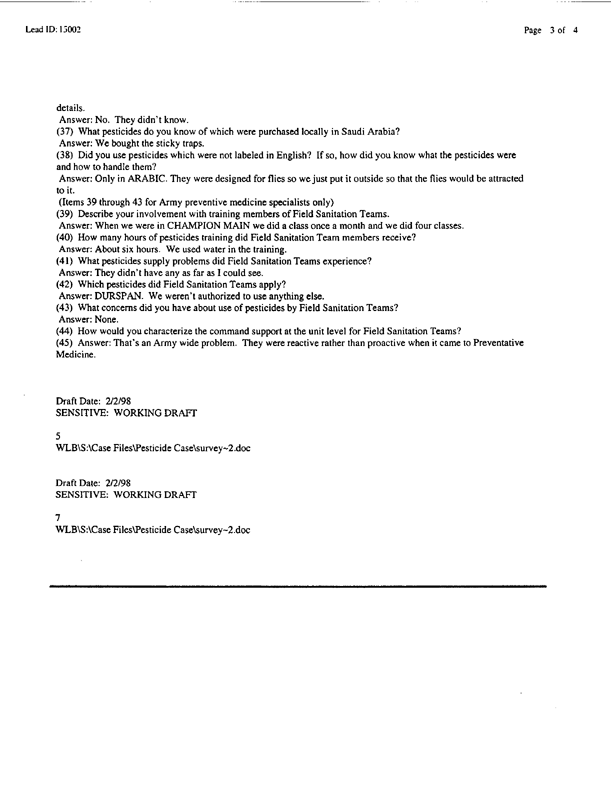 Lead Sheet #15002, Interview with 307th Medical Battalion preventive medicine specialist, March 11, 1998.