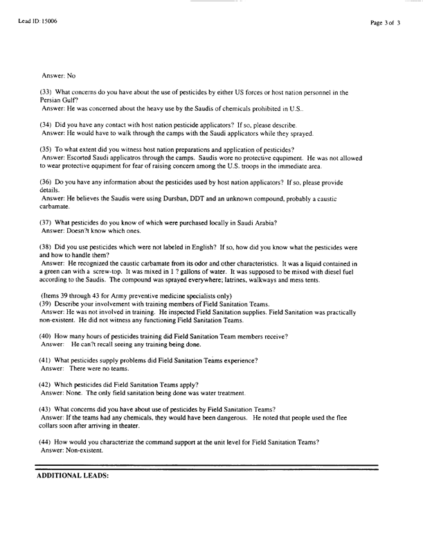   Lead Sheet #15006, Interview with 326th Medical Battalion preventive medicine specialist, February 19, 1998.