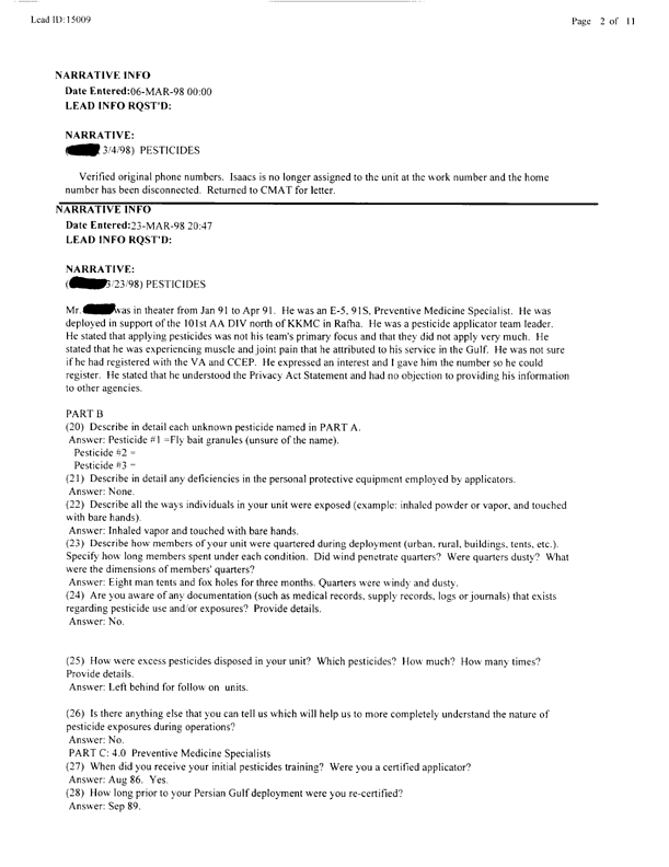   Lead Sheet #15009, Interview with 326th Medical Battalion preventive medicine specialist, February 24, 1998.