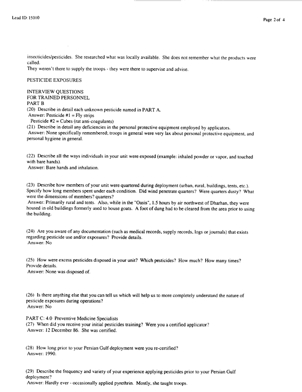   Lead Sheet #15010, Interview with 326th Medical Battalion preventive medicine specialist, February 23, 1998.