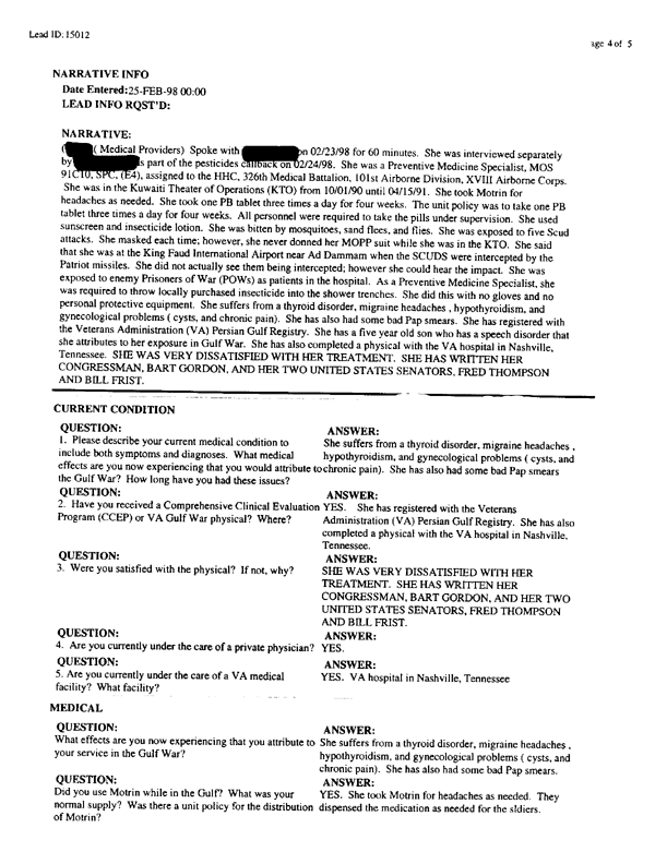 Lead Sheet #15012, Interview with 101 ABN 326th Medical Battalion doctor, February 11, 1998.