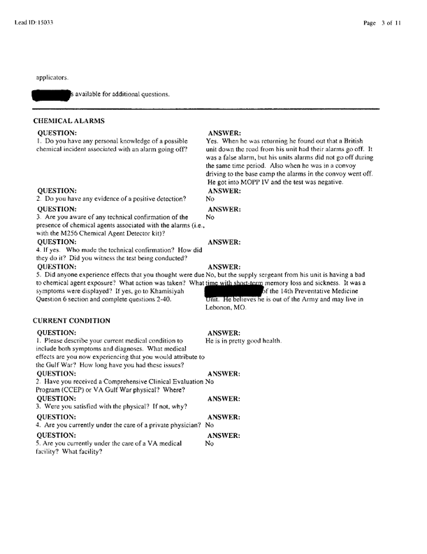Lead Sheet #15033, Interview with 14th Preventive Medicine Detachment preventive medicine specialist, September 9, 1998;