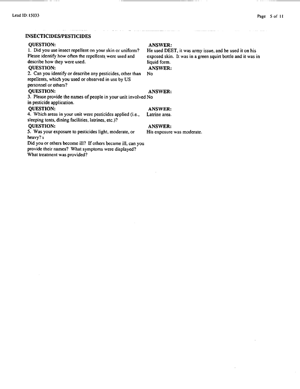 Lead Sheet #15033, Interview with 14th Preventive Medicine Detachment preventive medicine specialist, September 9, 1998;