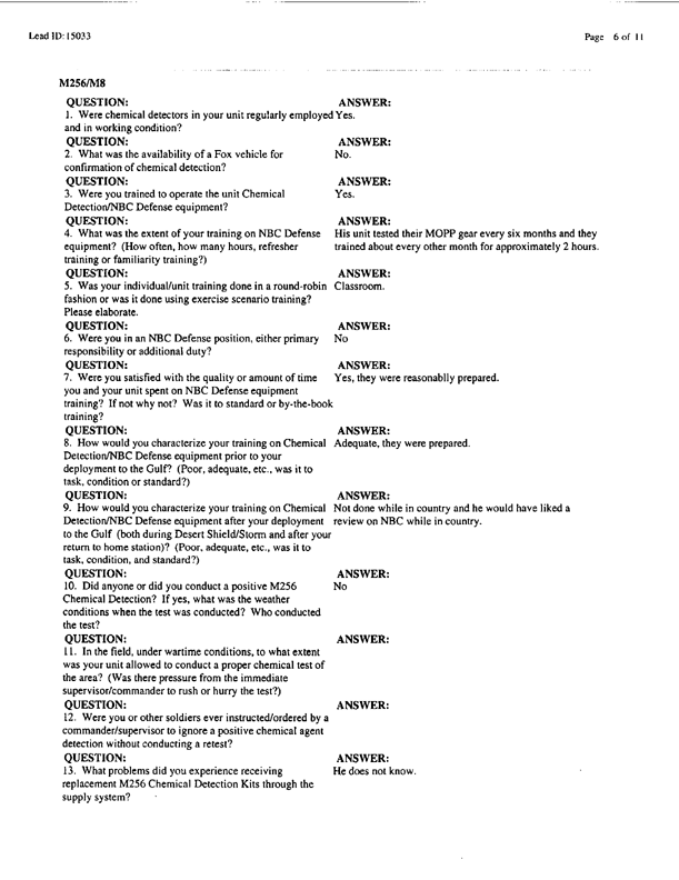 Lead Sheet #15033, Interview with 14th Preventive Medicine Detachment preventive medicine specialist, September 9, 1998;