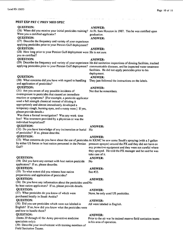 Lead Sheet #15033, Interview with 14th Preventive Medicine Detachment preventive medicine specialist, September 9, 1998;