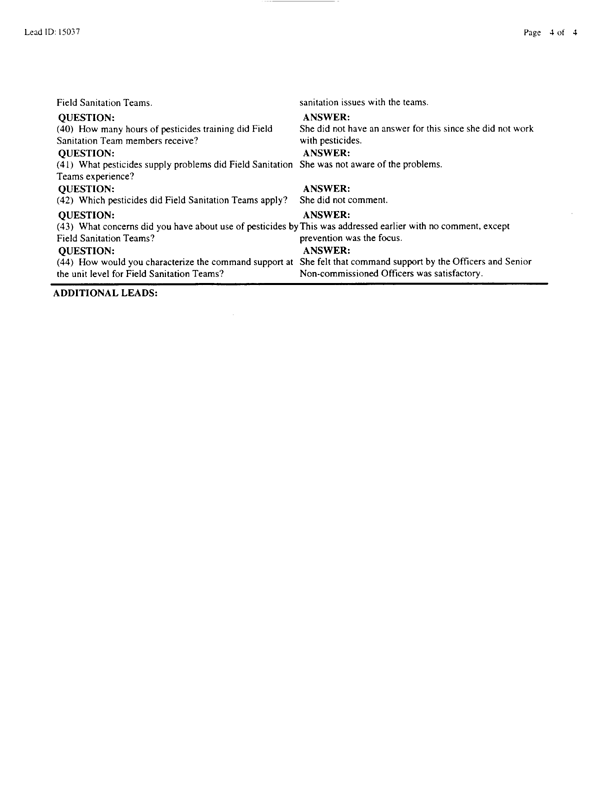   Lead Sheet #15037, Interview with 14th Medical Detachment preventive medicine specialist, February 11, 1998.