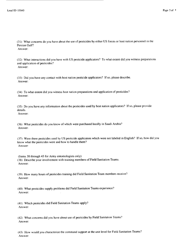   Lead Sheet #15040, Interview with 71st Medical Detachment preventive medicine specialist, March 3, 1998.