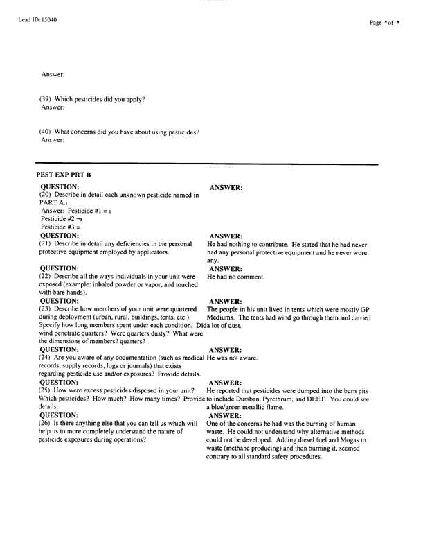   Lead Sheet #15040, Interview with 71st Medical Detachment preventive medicine specialist, March 3, 1998.