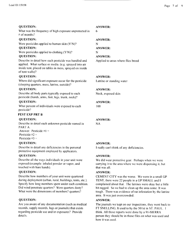   Lead Sheet #15058, Interview with 983rd Medical Detachment preventive medicine specialist, March 4, 1998.