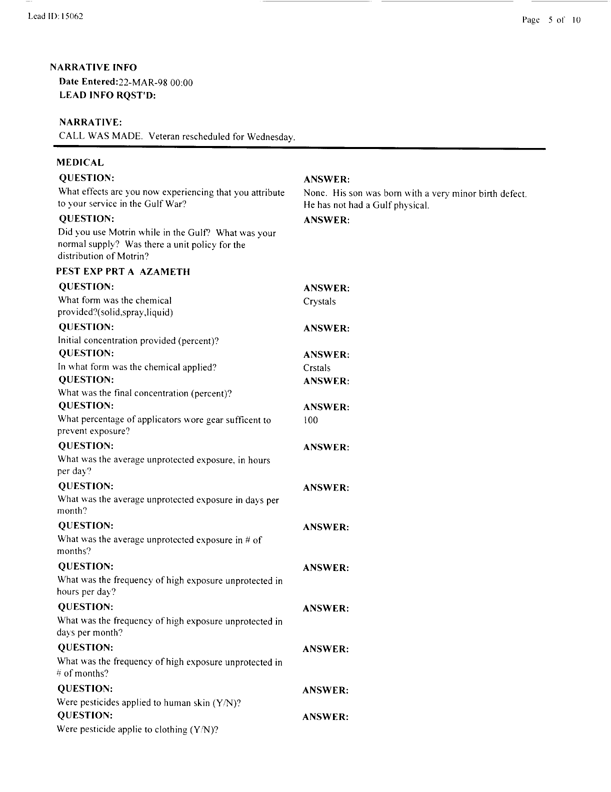   Lead Sheet #15062, Interview with 82nd Airborne Battalion, 307th Medical Battalion preventive medicine specialist, March 18, 1998.