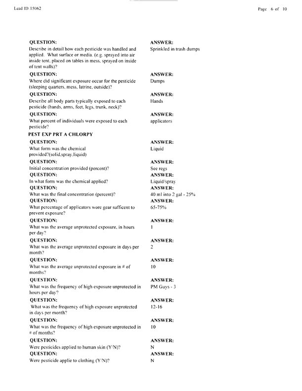   Lead Sheet #15062, Interview with 82nd Airborne Battalion, 307th Medical Battalion preventive medicine specialist, March 18, 1998.