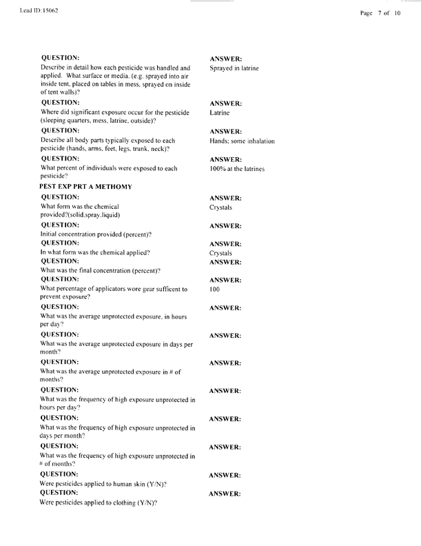   Lead Sheet #15062, Interview with 82nd Airborne Battalion, 307th Medical Battalion preventive medicine specialist, March 18, 1998.