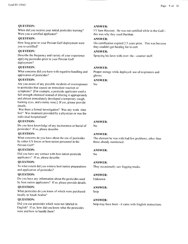   Lead Sheet #15062, Interview with 82nd Airborne Battalion, 307th Medical Battalion preventive medicine specialist, March 18, 1998.