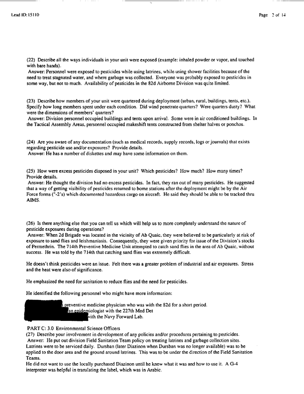   Lead Sheet #15110, Interview with 307th Medical Battalion environmental science officer, February 26, 1998.