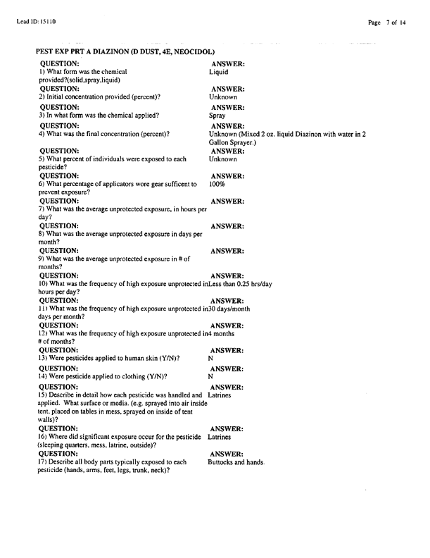   Lead Sheet #15110, Interview with 307th Medical Battalion environmental science officer, February 26, 1998.