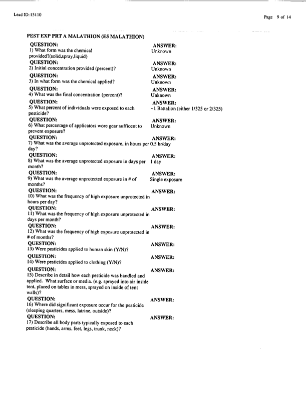   Lead Sheet #15110, Interview with 307th Medical Battalion environmental science officer, February 26, 1998.