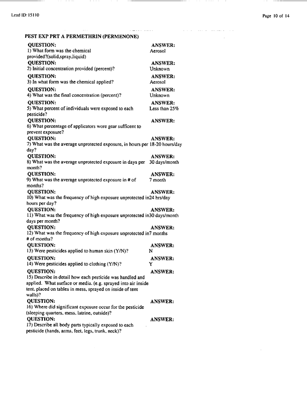   Lead Sheet #15110, Interview with 307th Medical Battalion environmental science officer, February 26, 1998.