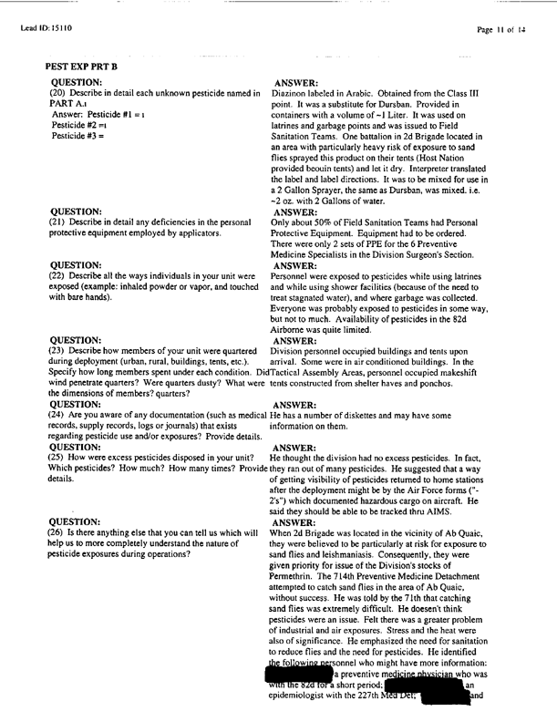   Lead Sheet #15110, Interview with 307th Medical Battalion environmental science officer, February 26, 1998.