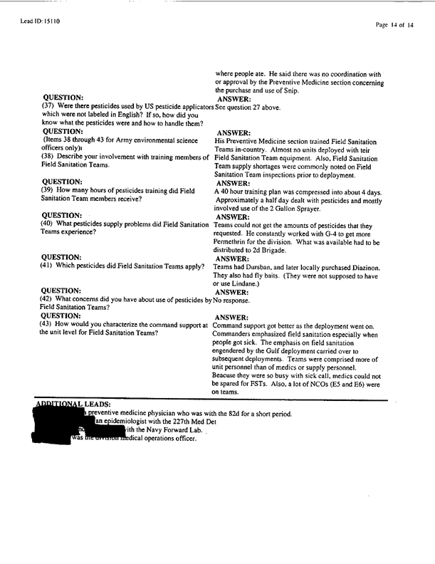   Lead Sheet #15110, Interview with 307th Medical Battalion environmental science officer, February 26, 1998.