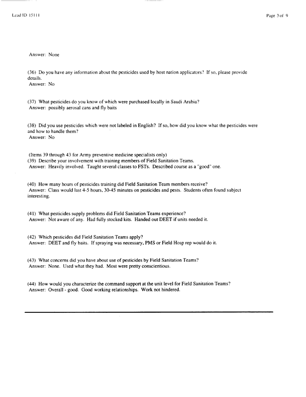 Lead Sheet #15111, Interview with 24th Mechanized Infantry Division preventive medicine specialist, February 16, 1998.