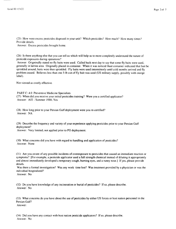  Lead Sheet #15122, Interview with 24th Infantry Division, 724th Combat Support Battalion preventive medicine specialist, February 17, 1998.
