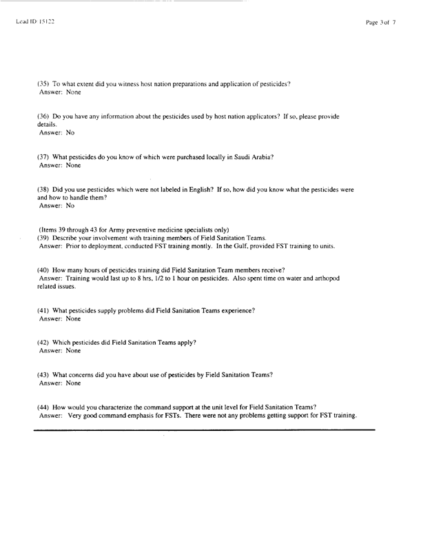  Lead Sheet #15122, Interview with 24th Infantry Division, 724th Combat Support Battalion preventive medicine specialist, February 17, 1998.
