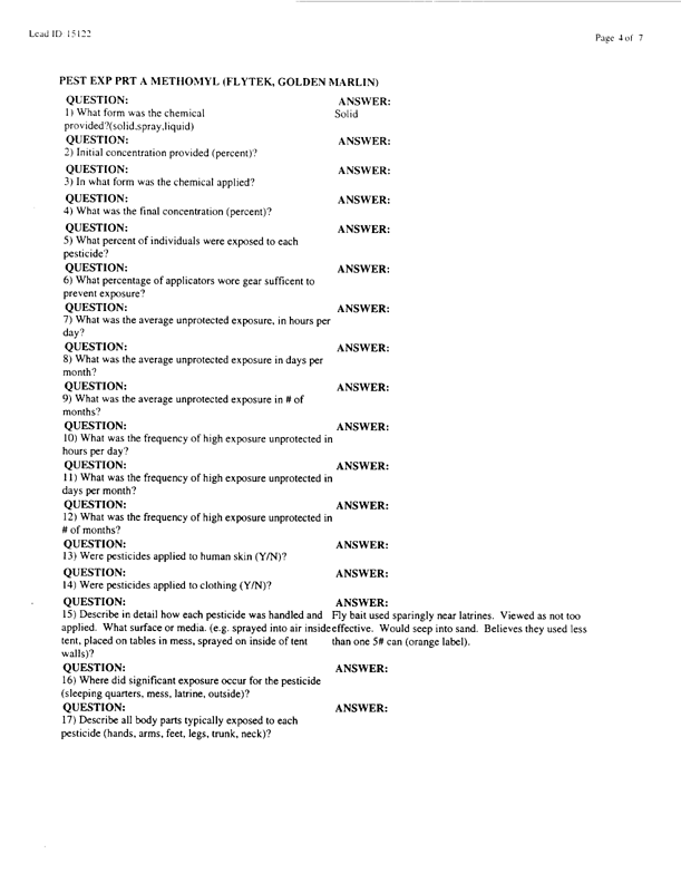  Lead Sheet #15122, Interview with 24th Infantry Division, 724th Combat Support Battalion preventive medicine specialist, February 17, 1998.