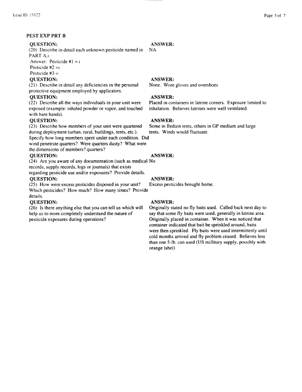  Lead Sheet #15122, Interview with 24th Infantry Division, 724th Combat Support Battalion preventive medicine specialist, February 17, 1998.