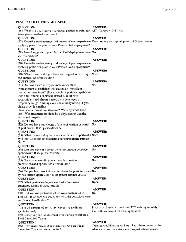  Lead Sheet #15122, Interview with 24th Infantry Division, 724th Combat Support Battalion preventive medicine specialist, February 17, 1998.