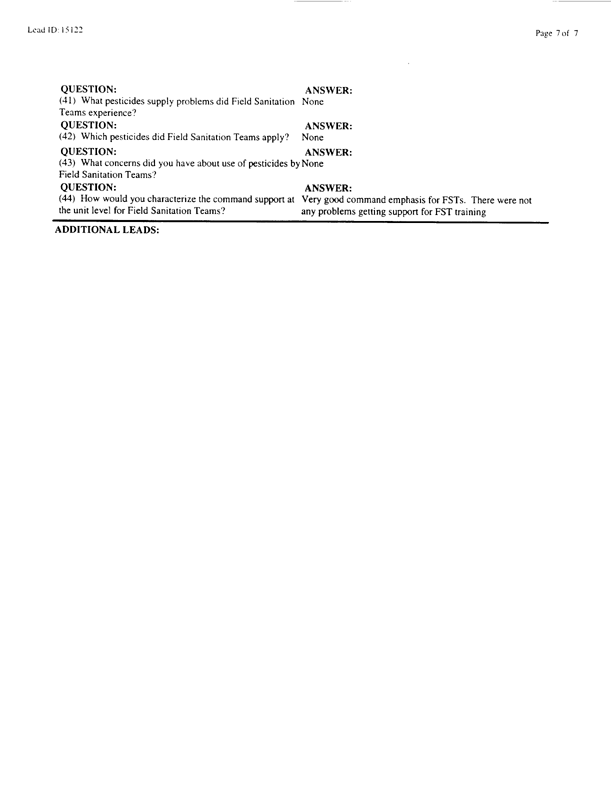  Lead Sheet #15122, Interview with 24th Infantry Division, 724th Combat Support Battalion preventive medicine specialist, February 17, 1998.