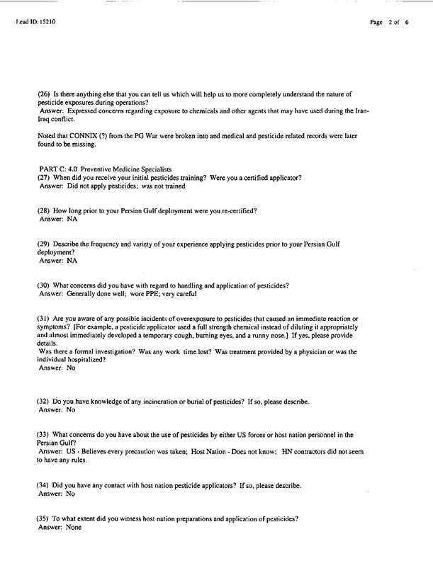   Lead Sheet #15210, Interview with 12th Medical Detachment preventive medicine specialist, February 27, 1998.