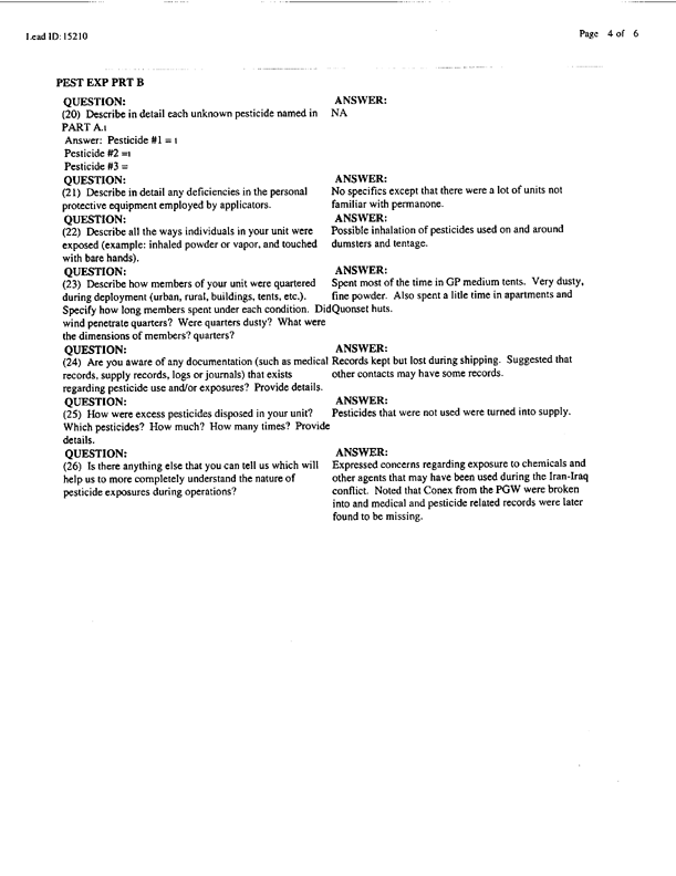 Lead Sheet #15210, Interview with 12th Medical Detachment preventive medicine specialist, February 27, 1998;