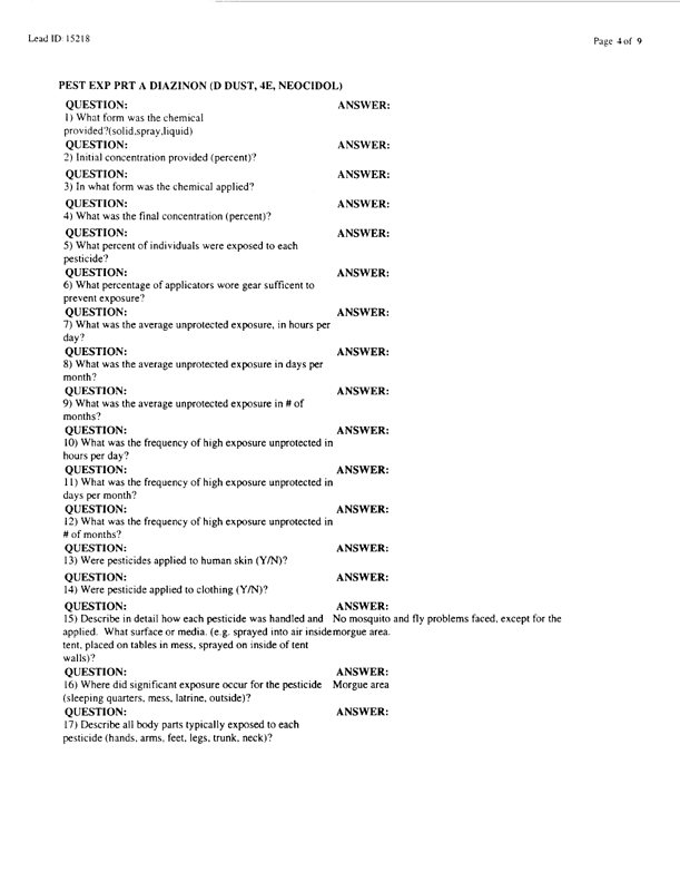   Lead Sheet #15218, Interview with 714th Medical Detachment preventive medicine specialist, February 27, 1998.