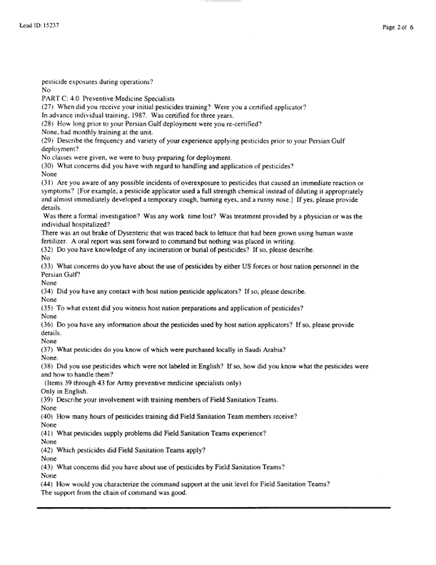   Lead Sheet #15237, Interview with 14th Medical Detachment preventive medicine specialist, March 3, 1998.