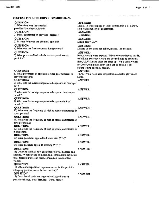   Lead Sheet #15268, Interview with 2nd Medical Battalion preventive medicine specialist, July 29, 1998.