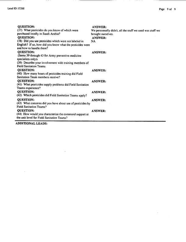   Lead Sheet #15268, Interview with 2nd Medical Battalion preventive medicine specialist, July 29, 1998.