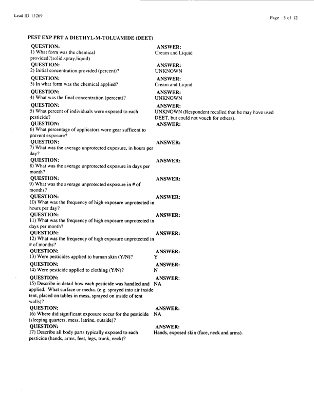   Lead Sheet #15269, Interview with 1st Marine Expeditionary Force preventive medicine technician, March 30, 1998; 